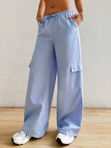 SHEIN EZwear Pantalones anchos y rayados de uso diario sueltos y con estilo para mujer, de verano - Azul - Ver 4