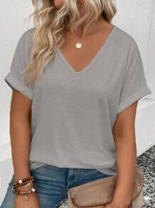 INAWLY T-shirt décontracté pour femme de grande taille à col en V et à manchettes retroussées, coupe décontractée, été