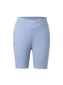 SHEIN Tween Girl Blue Short Leggings With Pocket - Blue - View 1