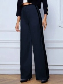 SHEIN Tall Calças Femininas de Cintura Alta e Modelagem Solta em Cor Sólida para o Dia a Dia e Escritório com Bolsos e Pernas Largas - Azul Marinho - Visão 5