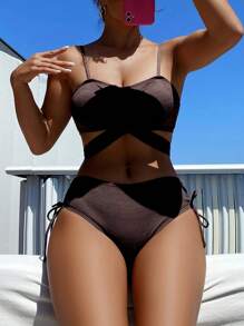 SHEIN Swim 女士纯色交叉打结性感比基尼套装，适合海滩度假夏季 - 棕色 - 查看 7