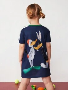 LOONEY TUNES X SHEIN 少女休閒卡通印花校風膠帶連身裙，夏季 - 藏蓝色 - 查看 8