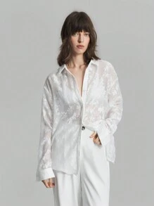 Ontre 女士春夏花卉网眼插肩袖宽松休闲纽扣衬衫、秋季休闲装、返校装、外出服 - 白色 - 查看 4