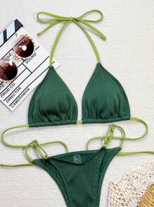 Swim SXY Women's Summer Beach Color Block Halter Neck Tie Sexy Bikini Set