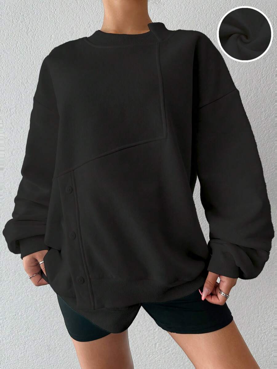 RueChic 純色不對稱下擺落肩女運動衫 - 黑色 - 查看 1