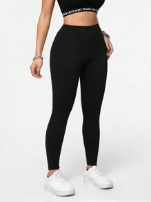 SHEIN Essnce Casual And Simple Solid Color Women's Plus Size Leggings, Suitable For Summer - Black - View 4