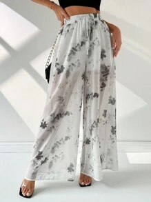 SHEIN Privé Women's Elegant Summer Wide Leg Snowflake Flower Printed Chiffon Pants - Multicolor - View 1