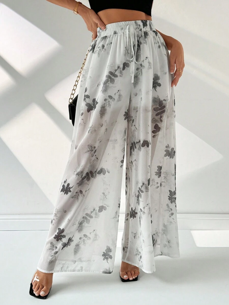 SHEIN Privé Women's Elegant Summer Wide Leg Snowflake Flower Printed Chiffon Pants - Multicolor - View 1