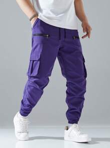 Manfinity Hypemode Loose-Fit Men's Cargo Pants With Flap Pockets And Side Drawstring Waist, For Fall - Purple - View 5