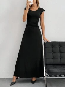 SHEIN Tall Solid Color A-Line Waist Cinched Long Dress Elegant Dress