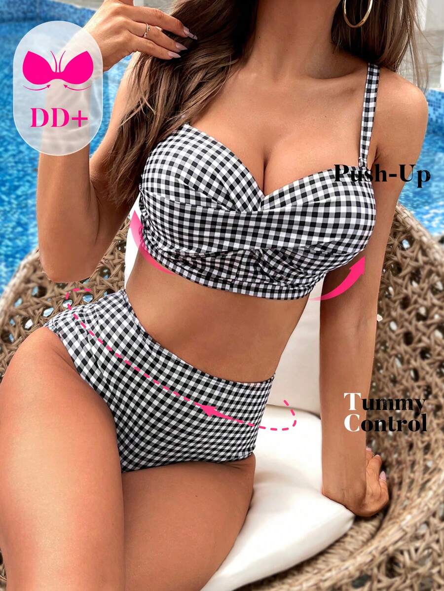 Swim DD+ 夏季格纹聚拢高腰比基尼套装 - 黑與白 - 查看 1