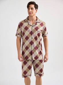 Men's Fashion Plaid Short Sleeve Shirt And Pants Homewear Set - Red - View 8