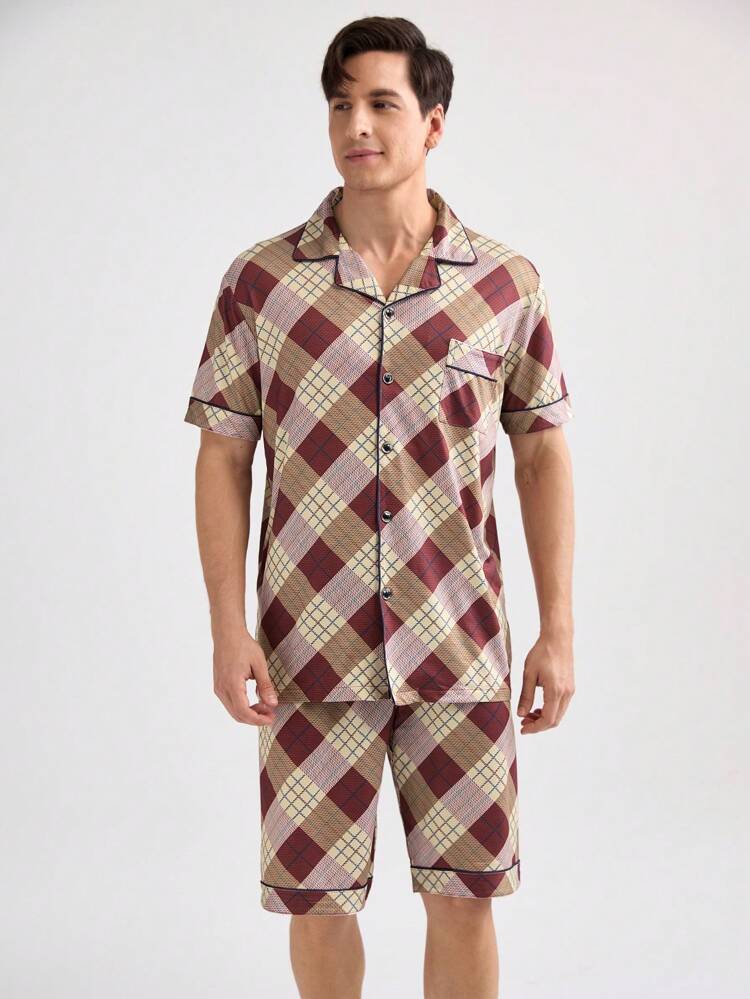 Men's Fashion Plaid Short Sleeve Shirt And Pants Homewear Set