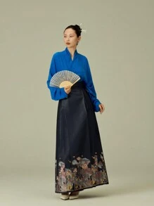 Chinese Style Horse-Face Skirt With Lotus Jacquard Weave Lady's Long Skirt - Blue - View 1