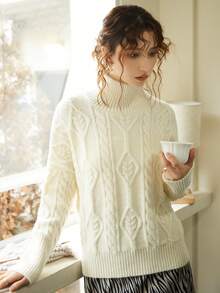 Knit Mix Women's Turtleneck Pullover Knitted Sweater - Apricot - View 6