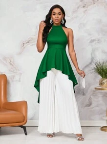 SHEIN Lady Women's Elastic Ruffled Halter Neck Top With Sleeveless Camisole And Wide-Leg Pleated Pants, 2pcs/Set - Multicolor - View 6