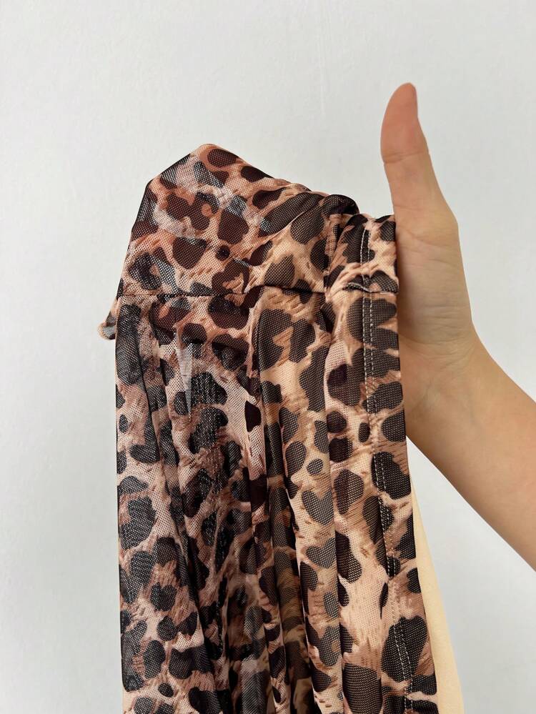 Women's Plus Size 90s Mesh Leopard Print Skirt Set With Drawstring, High Waist, Split Hem, Ruffle Details And Tight Pleats, Perfect For Daily And Y2K Fashion