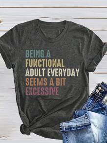 Calvaya 大码时尚简约热转印印花休闲短袖 T 恤 日常实用成人装似乎有点过度 图案 T 恤 女式上衣