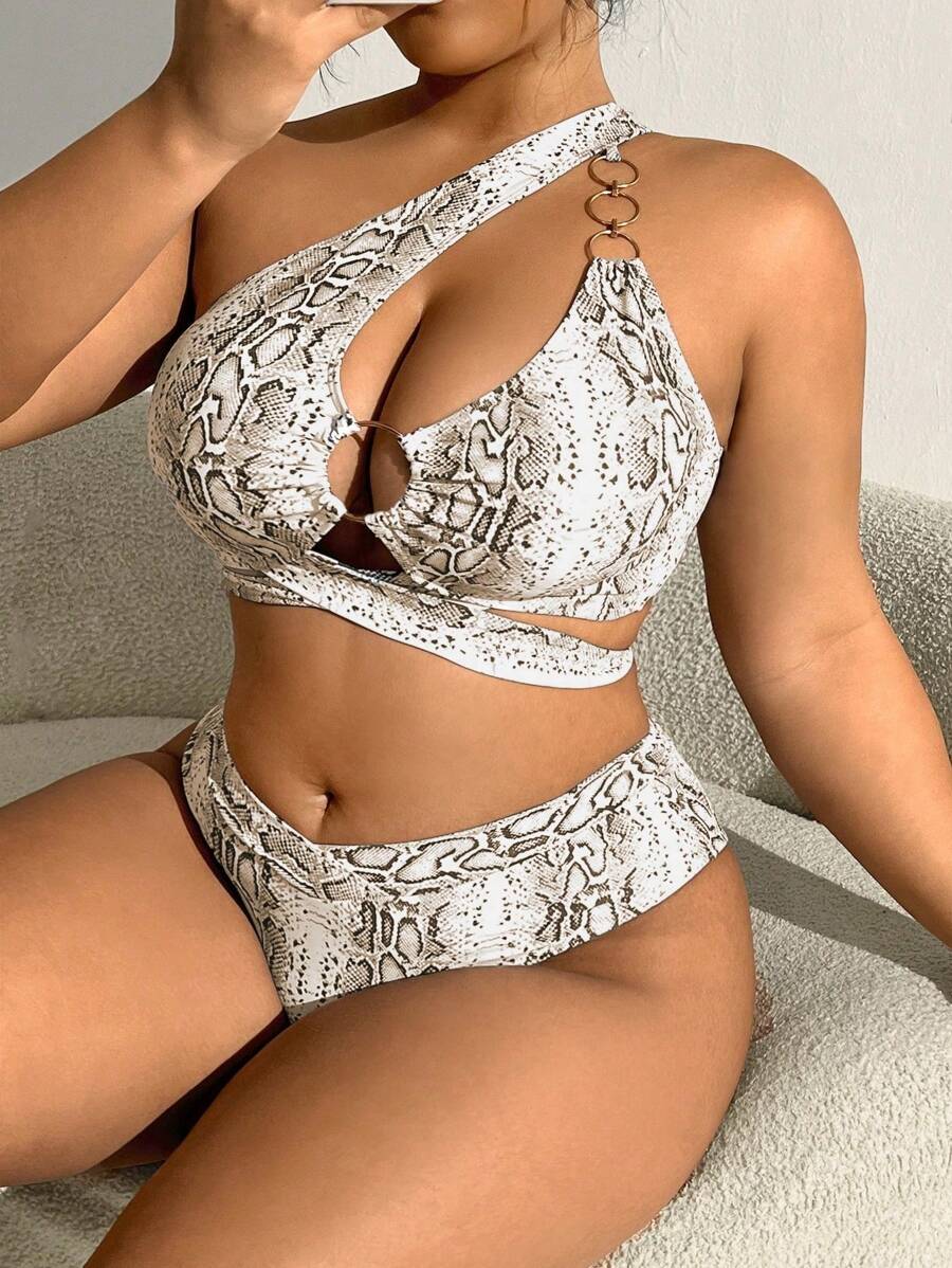 SHEIN Swim Curve Plus Size Random Snake Print Two-Piece Bikini Set,Summer Beach - Brown - View 1