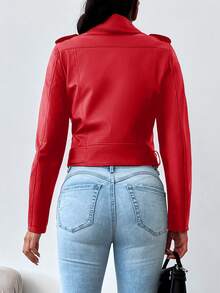 SHEIN Ladies Lapel Zip Cardigan Jacket - Red - View 4