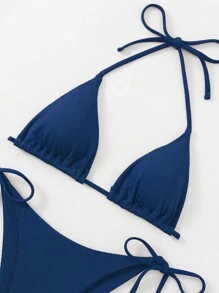 SHEIN Swim Summer Beach Women's Solid Color Halter Strap Sexy Bikini Set, Triangle Cup Top And G-String Bottom, Perfect For Holiday - Royal Blue - View 4