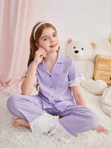 SHEIN 少女優雅簡約領子睡衣套裝，配有蕾絲飾邊，袖子和下擺，可與兄弟姊妹裝配對，分售（2套） - 淡紫色 - 查看 3