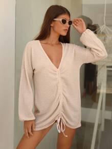 SHEIN Swim Vestido holgado y casual para vacaciones con mangas de linterna, cordón en la parte delantera y estilo informal para el verano - Albaricoque - Ver 1