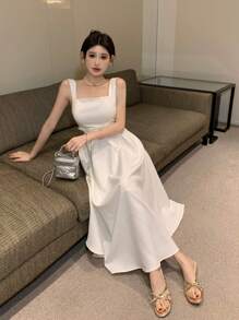 DAZY 女士纯色方领优雅夏季连衣裙，宽肩带舞会礼服，太阳裙，婚礼礼服