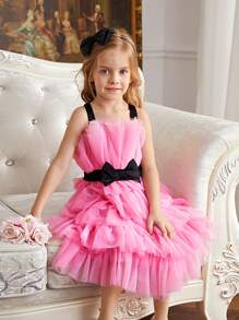 SHEIN Young Girls' Sweet & Cool Mesh Spaghetti Strap Dress For Daily Wear - Pink - View 11