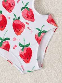 Baby Girl Strawberry Printed Swimwear With Ruffled Hem And Hollow-Out Design - Multicolor - View 3