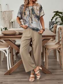 EMERY ROSE Women's Summer Casual Printed Round Neck Short Sleeve T-Shirt And Solid Color Pants Set - Multicolor - View 5