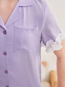 SHEIN 少女優雅簡約領子睡衣套裝，配有蕾絲飾邊，袖子和下擺，可與兄弟姊妹裝配對，分售（2套） - 淡紫色 - 查看 7
