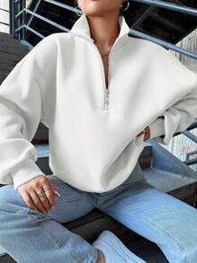SHEIN Cottnline Women's Solid Colored Turn-Down Collar Drop Shoulder Sweatshirt - White - View 3