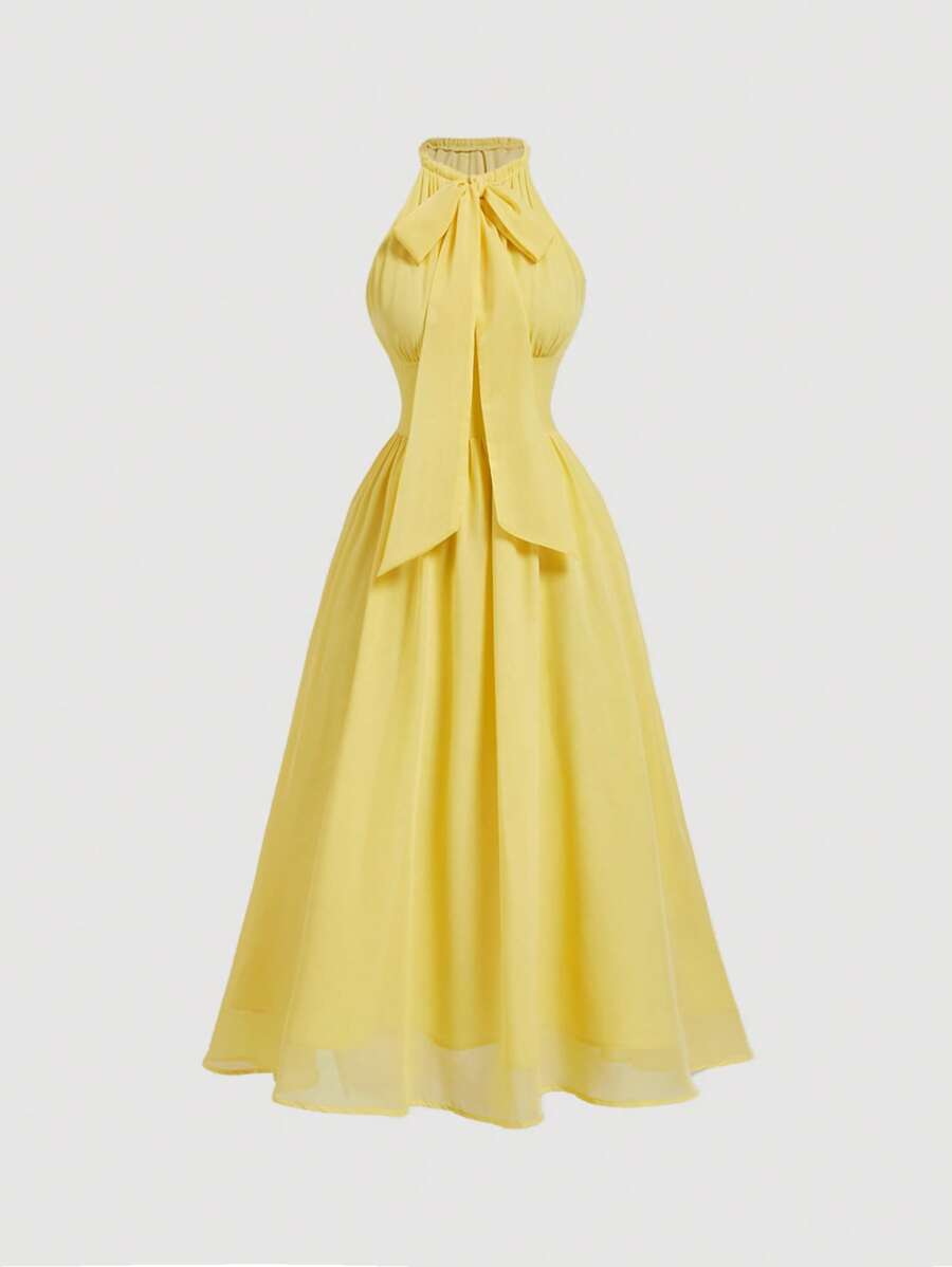 SHEIN MOD Vestido amarillo de mujer con cuello de corbata de moño, vestidos de dama de honor, vestidos de graduación, vestidos de mujer para la playa - Amarillo - Ver 1
