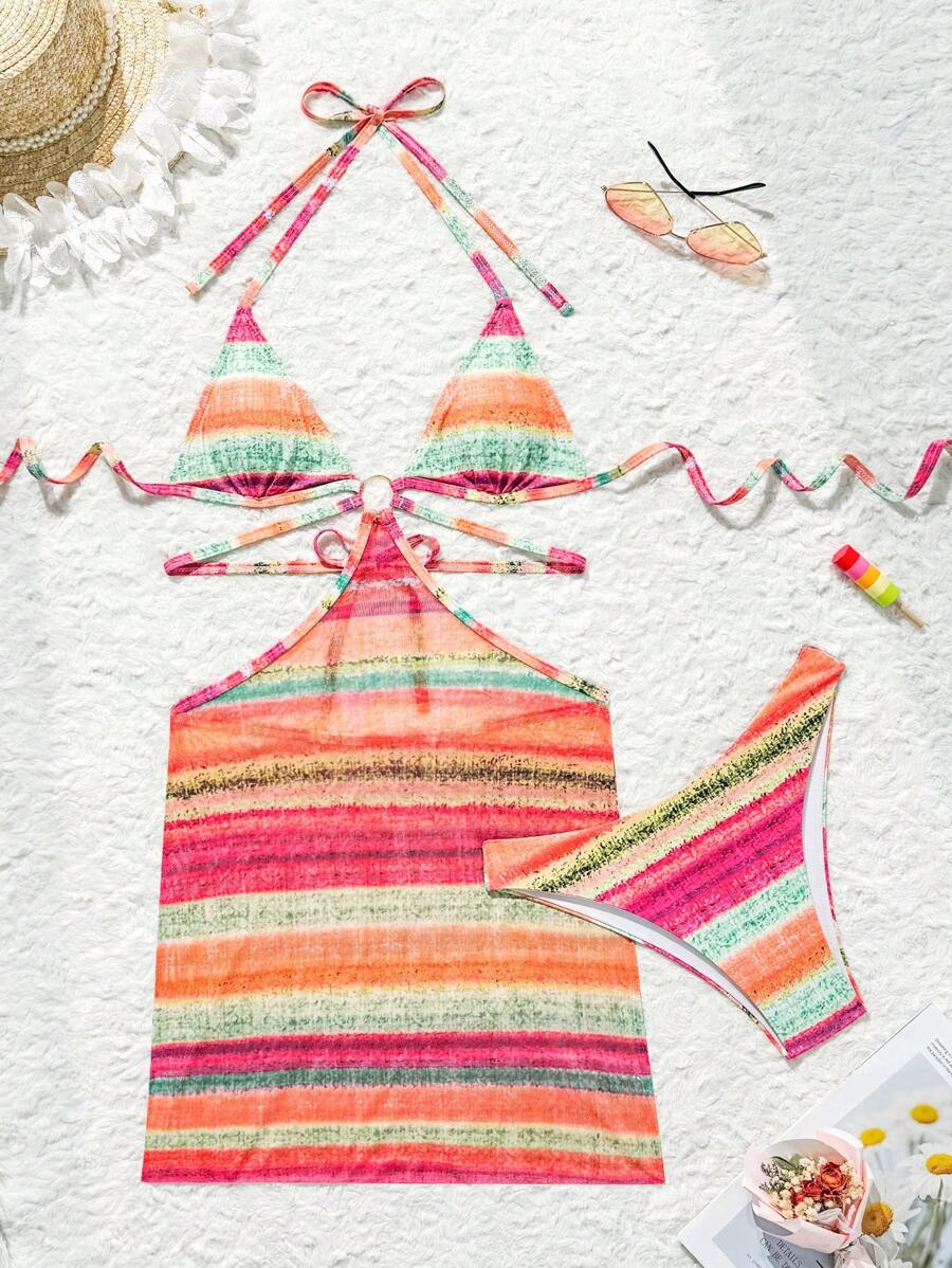 SHEIN Swim 女士撞色空心牽結頸披/連身裙,附配相應三角褲,2件套裝,隨機印花 - 彩色 - 查看 1