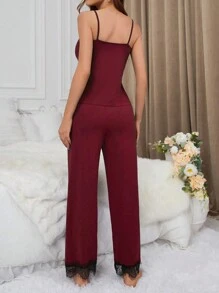 Women's Lace Patchwork Cami Top And Long Pants With Waist Belt And Long Sleeve Robe Pajama Set, Fall Winter Clothes - Burgundy - View 5