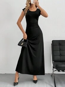 SHEIN Tall Solid Color A-Line Waist Cinched Long Dress Elegant Dress