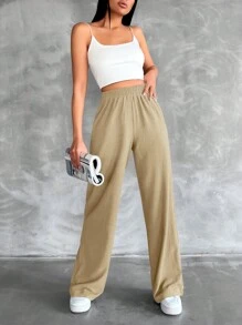 SHEIN Tall Tall Size Solid Elastic Waist Straight Leg Pants - Beige - View 3
