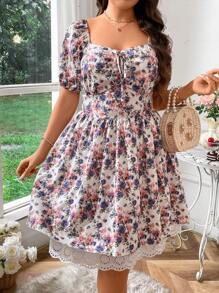 Flirla 數碼印花大尺碼方領連身裙