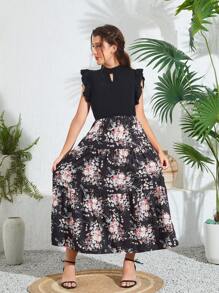 SHEIN Explorewe Vestido Negro Con Estampado De Flores Para Adolescentes - Negro - Ver 4