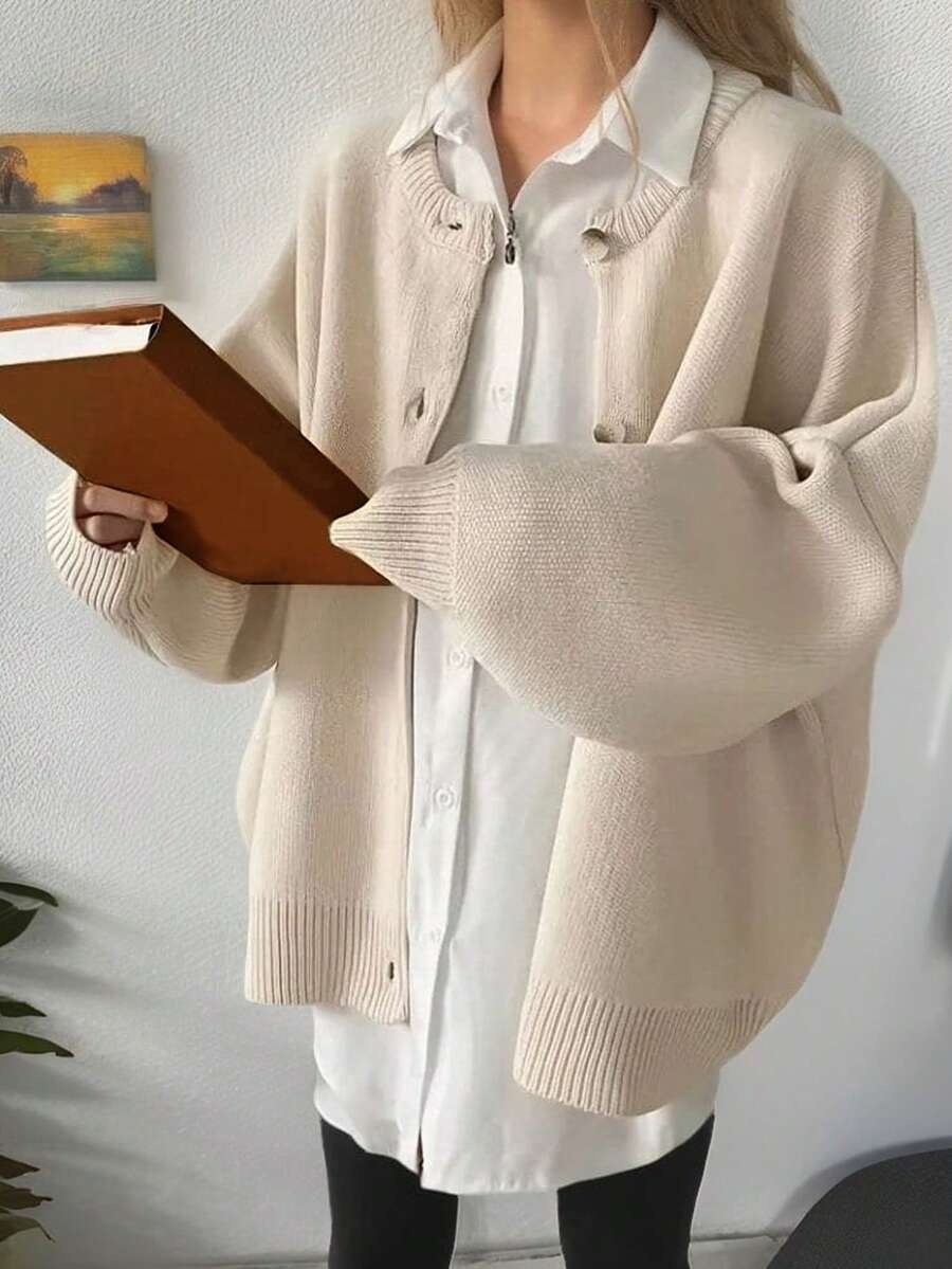 SHEIN LUNE Màu thuần Ngực đơn Áo len Mở - Màu be - Xem 1
