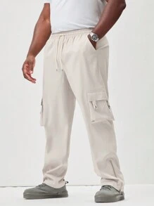 Manfinity Roughcore Men's Plus Size Casual Solid Color Drawstring Waist Cargo Pants - Apricot - View 2