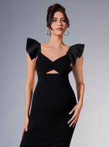 MaterniChic Maternity Cozy Afternoon Cap Sleeve Sweetheart Neckline Hollow Out Knit Solid Color Dress - Black - View 6