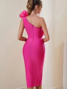 One Shoulder Ruffled Split Tight Bodycon Bandage Dress For Cocktail Party - Hot Pink - View 2