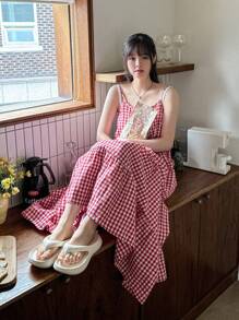 DAZY Plaid Summer Casual Dress With Contrast Shoulder Straps Sundress - Red - View 6