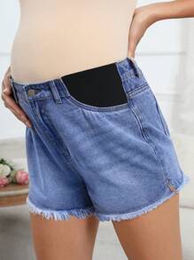 SHEIN Maternity Vacation Casual Contrast Color Frayed Denim Shorts - Medium Wash - View 6