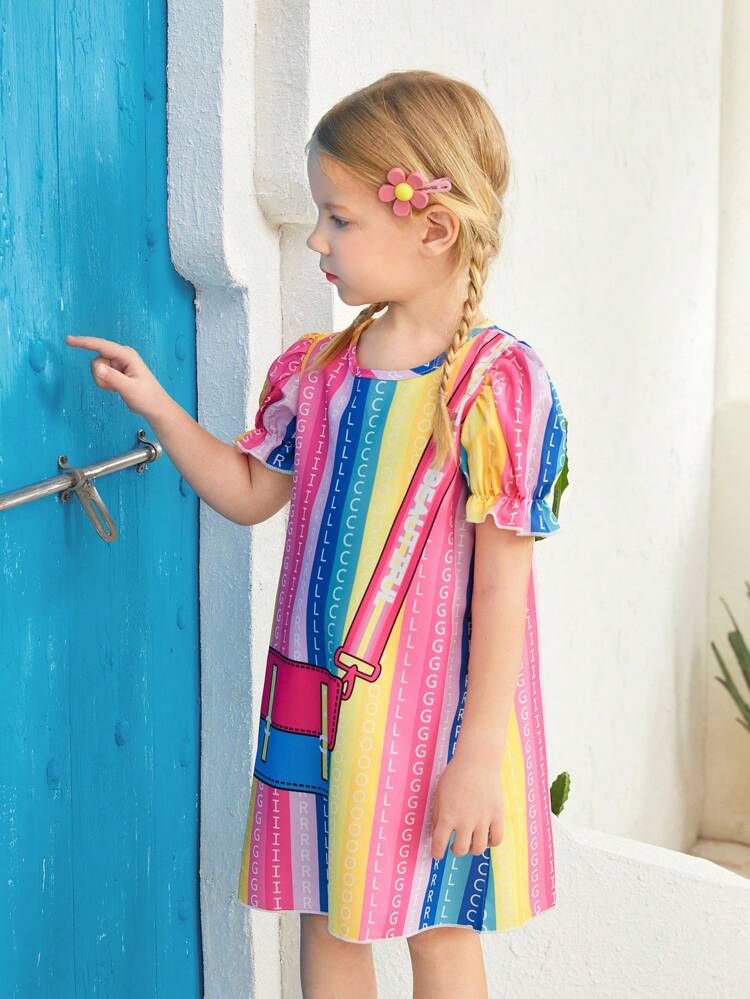 Young Girl Bag Print Puff Sleeve Dress