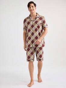 Men's Fashion Plaid Short Sleeve Shirt And Pants Homewear Set - Red - View 4
