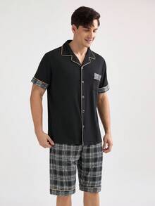 男士方格拼接短袖衛衣和短褲家居服套裝 - 黑色 - 查看 7