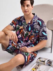 Conjunto de camisa y pantalón corto con estampado de mariposas para hombres, ropa de verano y de estar en casa casual